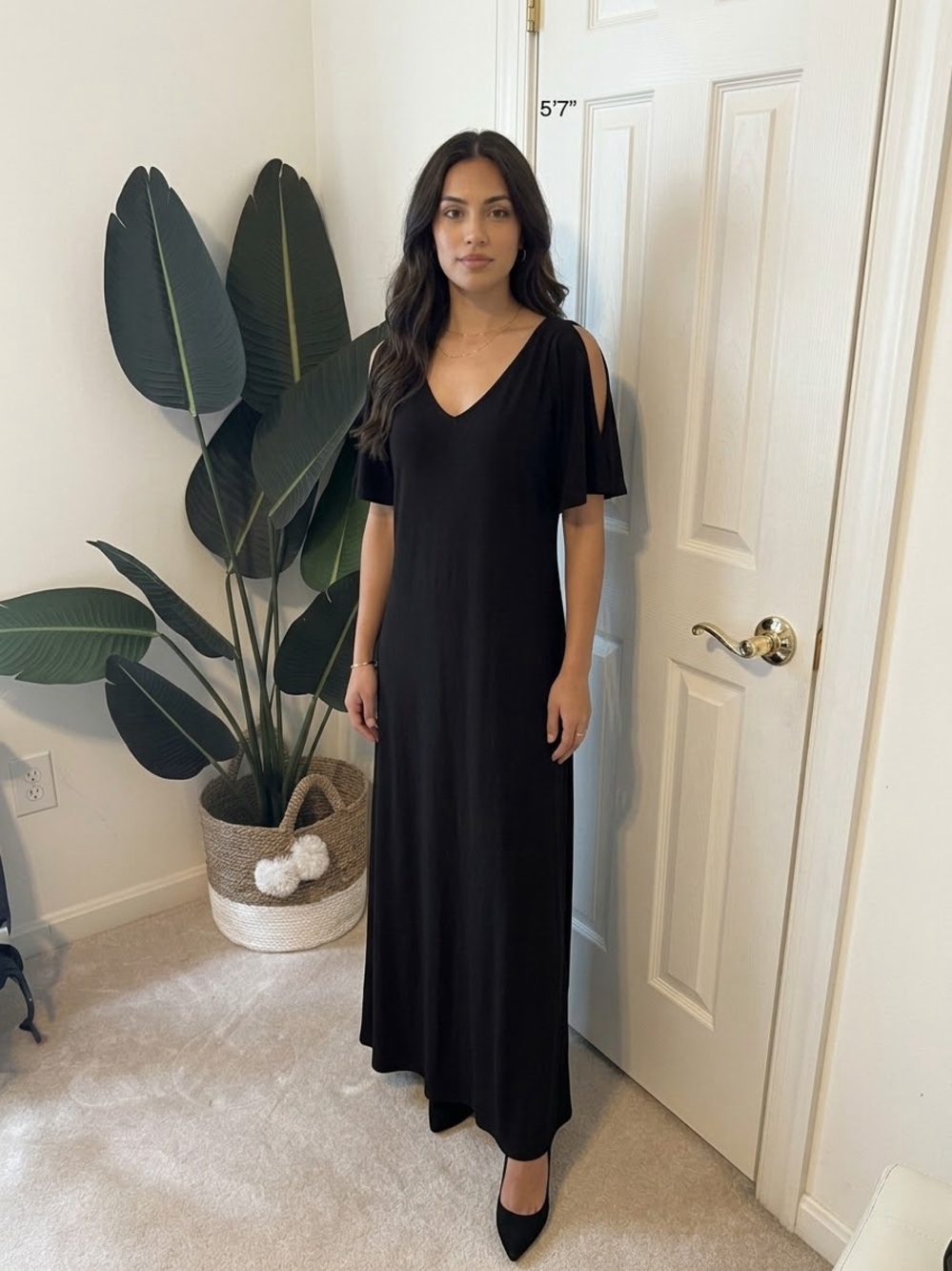 Chico's Black V-Neck Cold-Shoulder Maxi Dress